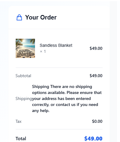 Order summary for Sandless Blanket priced at $49 with no shipping options.