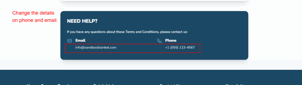 Screenshot of a website contact section with email and phone details.